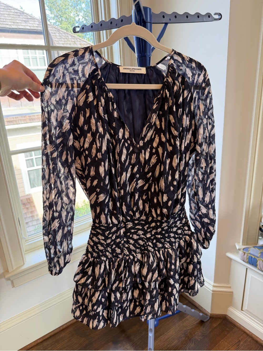 Amanda Uprichard Black & Cream Printed Long-Sleeve Smocked Waist Romper